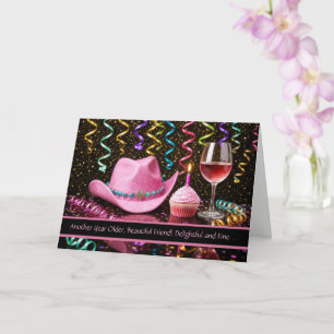 Friend Happy Birthday Cowgirl Hat Wine Card