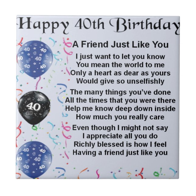 Friend Poem 40th Birthday Tile (Front)