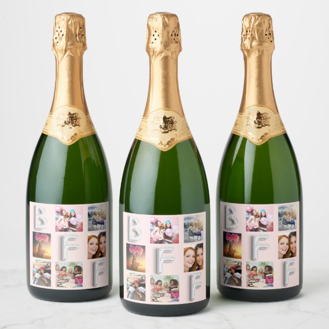 Friend rose gold blush silver photo collage sparkling wine label (Bottles)