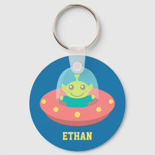 Friendly Alien in Spaceship, Outer Space Keychain