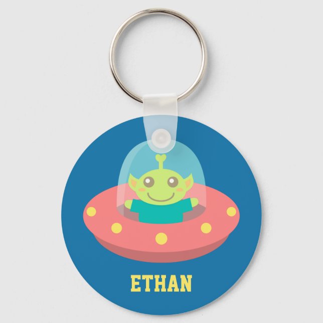 Friendly Alien in Spaceship, Outer Space Keychain (Front)