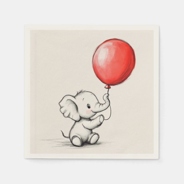 Friendly Baby Elephant with Red Balloon Paper Napkin (Front)