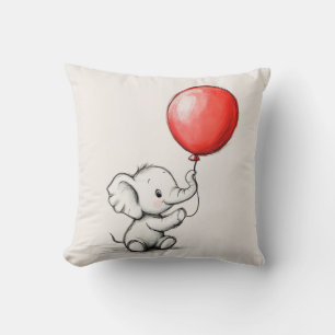 Friendly Baby Elephant with Red Balloon Throw Pillow