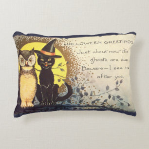 Friendly Cat and Owl - Cute Vintage Halloween Accent Pillow