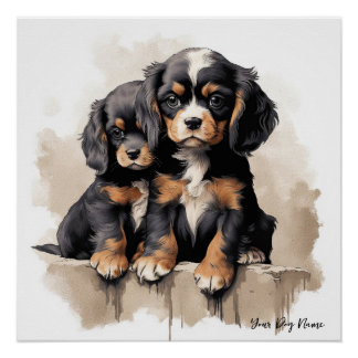 Friendly Cavalier King Charles Spaniel Puppy Dogs  Poster
