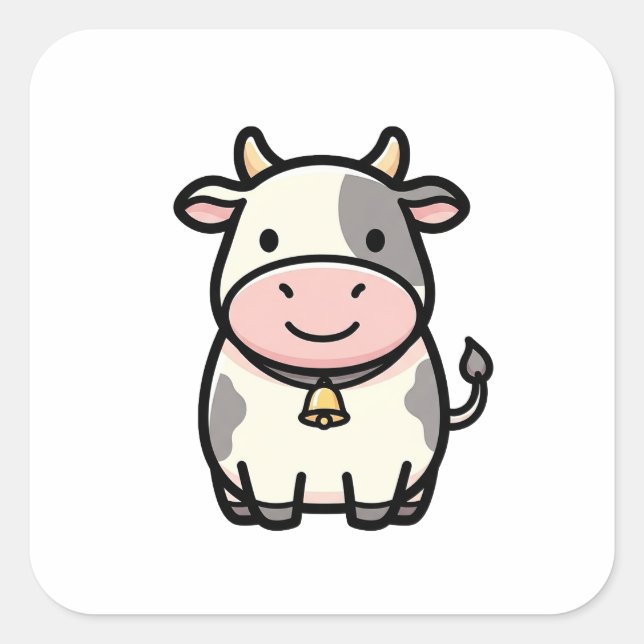 Friendly Cow – Cute Kawaii Animal Illustration Square Sticker (Front)