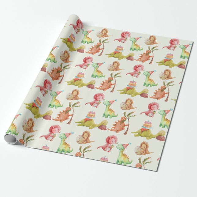 Friendly Dinosaurs Greenery Wrapping Paper (Unrolled)