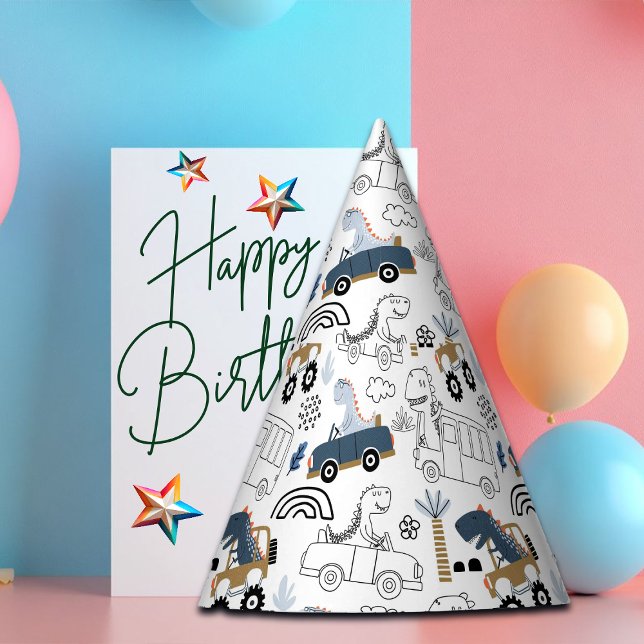 Friendly Dinosaurs in Cars Pattern Birthday Party Hat (Creator Uploaded)