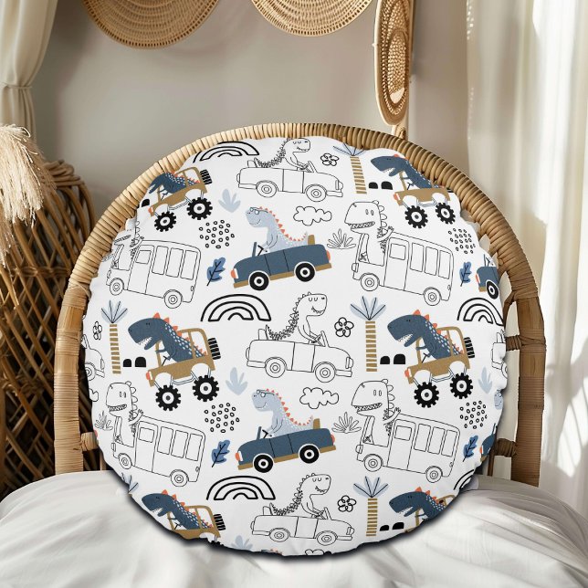 Friendly Dinosaurs in Cars Pattern Round Pillow (Creator Uploaded)