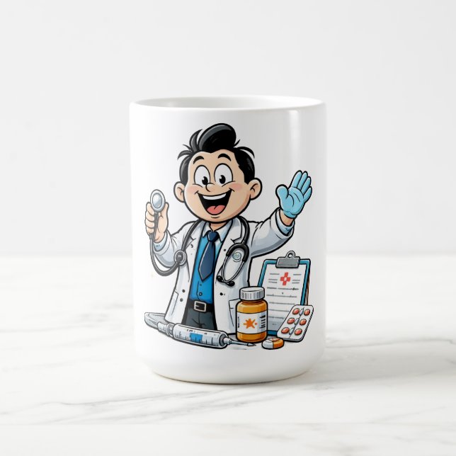 Friendly Doctor Mascot Medical Cartoon Design Coffee Mug (Center)