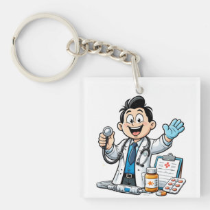 Friendly Doctor Mascot Medical Cartoon Design Keychain