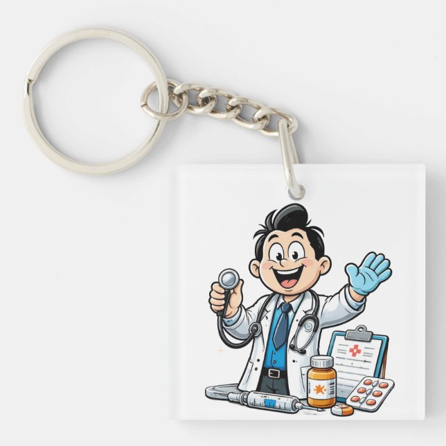 Friendly Doctor Mascot Medical Cartoon Design Keychain (Front)