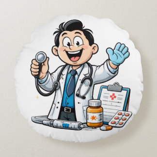 Friendly Doctor Mascot Medical Cartoon Design Round Pillow
