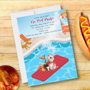 Friendly Dogs at Fun Pool Party Colourful Cartoon Invitation