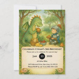 Friendly Dragon and Little Knight Picnic Birthday Invitation