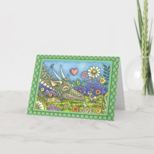 FRIENDLY EASTER DRAGON, BUNNY TRAIL Fantasy Blank Holiday Card
