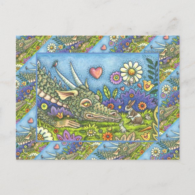 FRIENDLY EASTER DRAGON ON BUNNY TRAIL Cute Fantasy Holiday Postcard (Front)