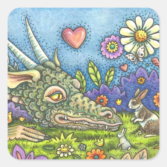 FRIENDLY EASTER DRAGON ON BUNNY TRAIL Cute Fantasy Square Sticker (Front)