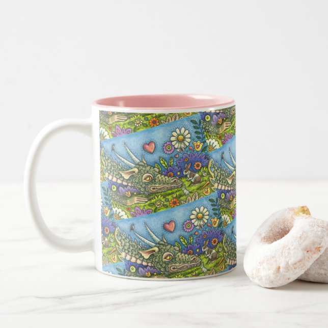 FRIENDLY EASTER DRAGON ON BUNNY TRAIL Cute Fantasy Two-Tone Coffee Mug (With Donut)