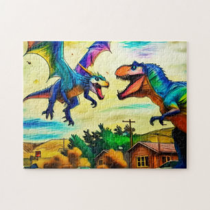 Friendly Encounter -  Dragon and Dinosaur Jigsaw Puzzle