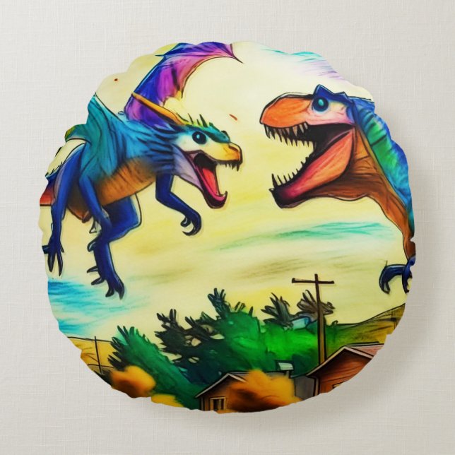 Friendly Encounter - Dragon and Dinosaur Round Pillow (Front)