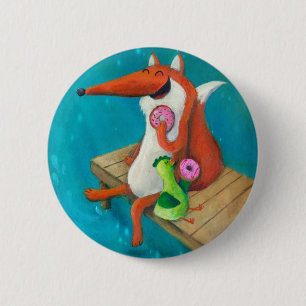 Friendly Fox and Chicken eating doughnuts 2 Inch Round Button