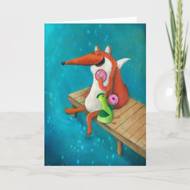 Friendly Fox and Chicken eating doughnuts Card (Front)