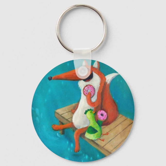 Friendly Fox and Chicken eating doughnuts Keychain (Front)