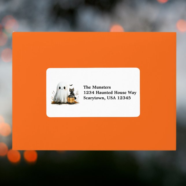 Friendly Ghost Black Cat Autumn Leaves Halloween Label (Creator Uploaded)