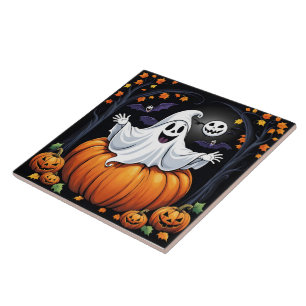 Friendly ghost celebrating Halloween in a pumpkin Tile