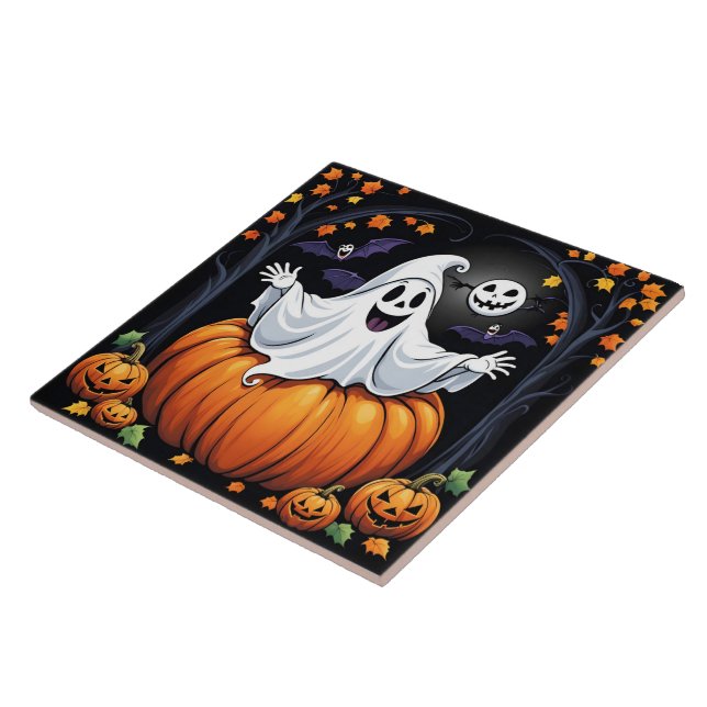 Friendly ghost celebrating Halloween in a pumpkin Tile (Side)