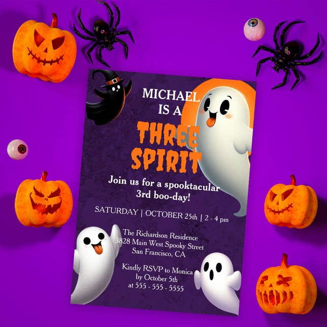 Friendly Ghost Three Spirit Halloween 3rd Birthday Invitation (Creator Uploaded)