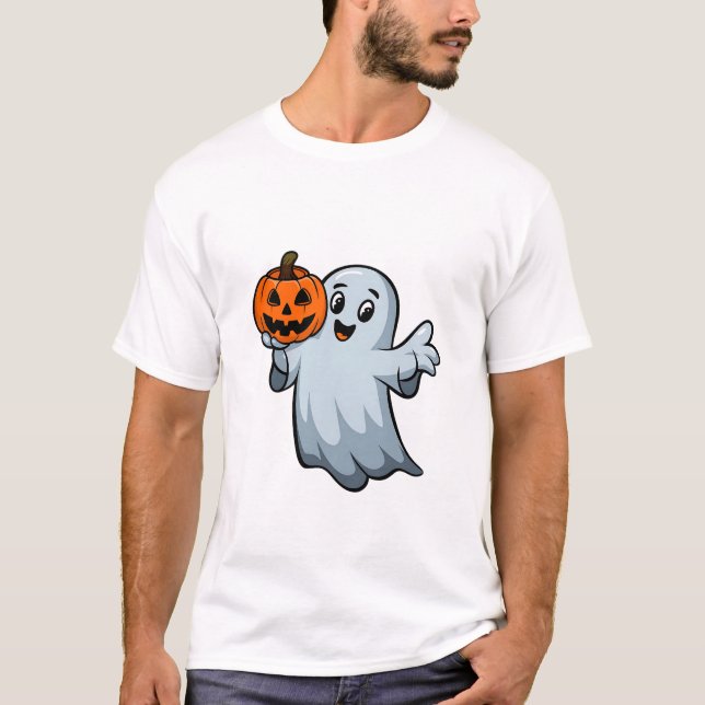 Friendly Ghost with Pumpkin Lantern T-Shirt (Front)