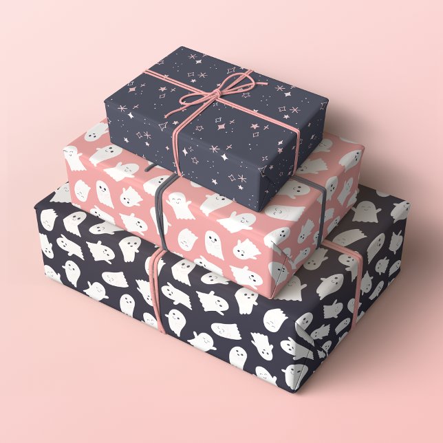 Friendly Ghosts and Sparkles Halloween Patterns Wrapping Paper Sheet (Set of 3 Adorable Ghosts and Sparkles Halloween Patterns in Pastel Pink and Grey)