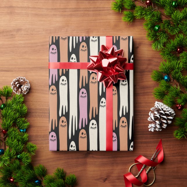 Friendly Ghosts in retro colors on black  Wrapping Paper (Holiday Gift)