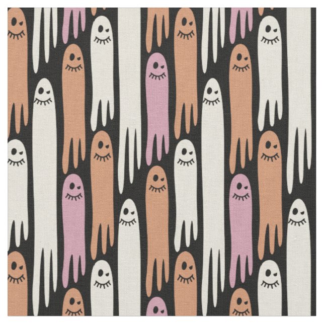 Friendly Ghosts retro colours on black – Halloween Fabric (Close Up)