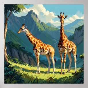 Friendly Giraffes in the Wild Painting Poster