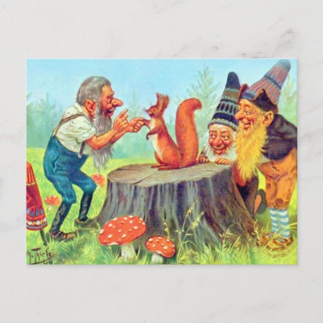 Friendly Gnomes Observe a Squirrel Postcard (Front)