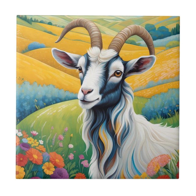 Friendly Goat With Colourful Vibrant Hills Tile (Front)
