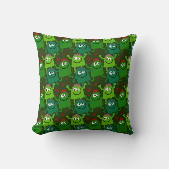 Friendly Green Cartoon Monsters Throw Pillow (Front)