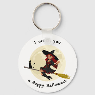 Friendly halloween witch on broom and black cat keychain