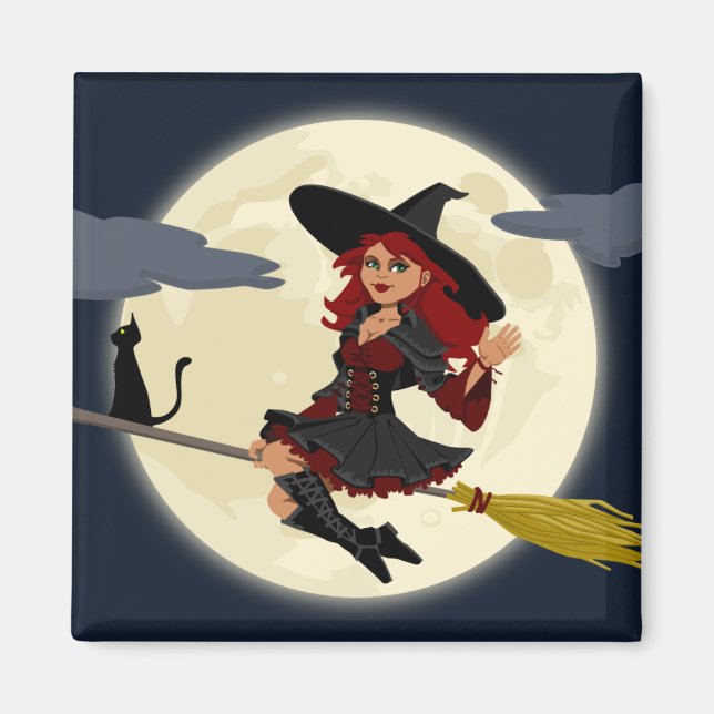 Friendly halloween witch on broom and black cat magnet (Front)