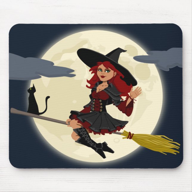 Friendly halloween witch on broom and black cat mouse pad (Front)