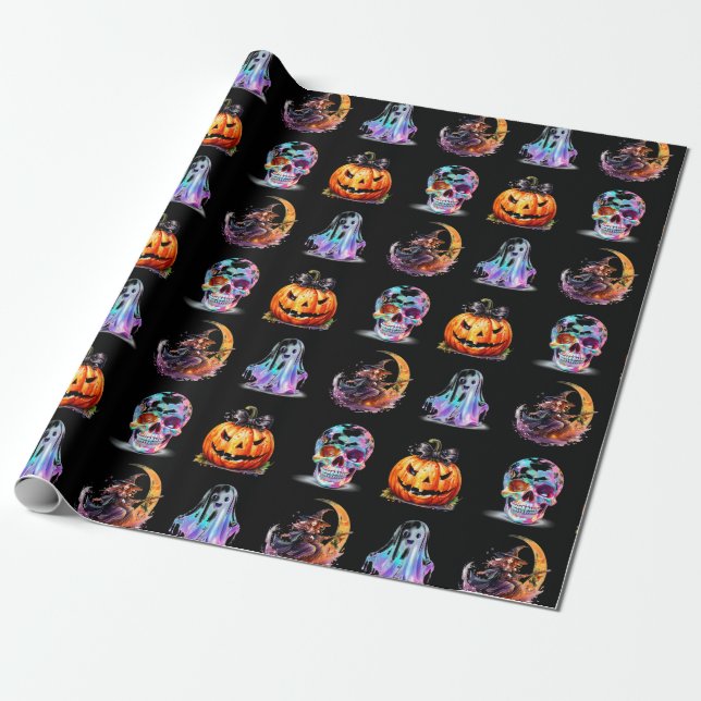 Friendly Icons Grid Halloween Black Fun Holiday  Wrapping Paper (Unrolled)