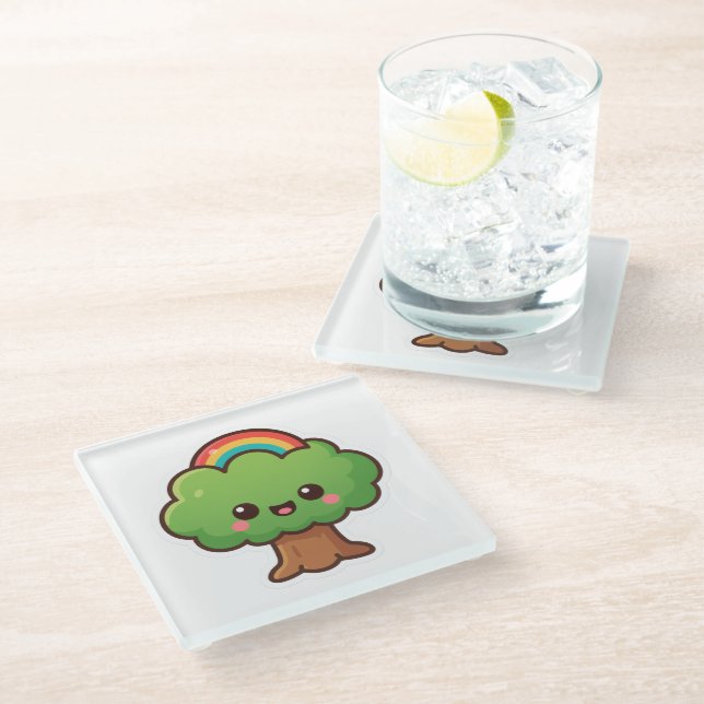 Friendly Kawaii Tree Glass Coaster (Angled)