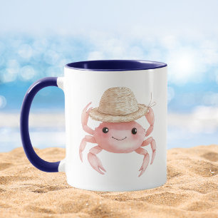 Friendly Pink Crab Straw Hat Coastal Watercolor Mug