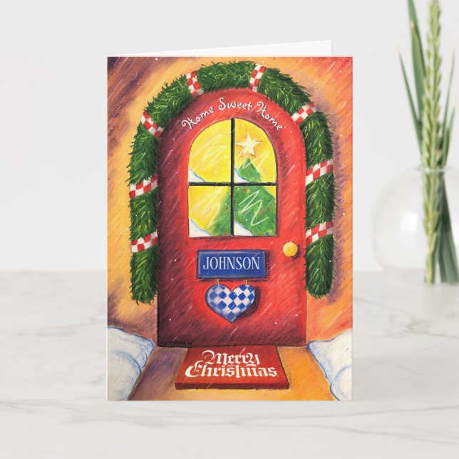 Friendly Red Merry Christmas Front Door Cozy Home Card (Front)