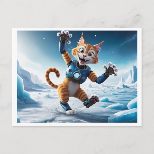 Friendly robot cat on another icy planet postcard (Front)
