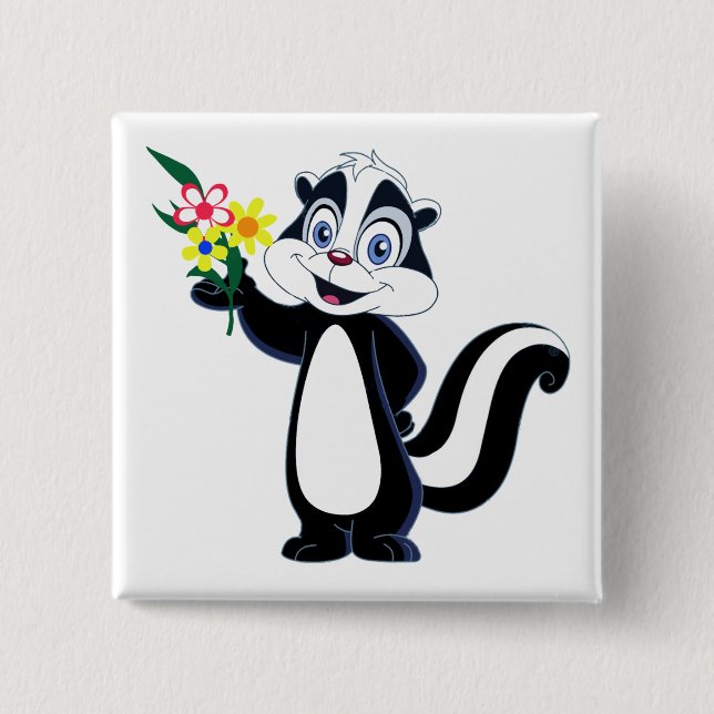 Friendly Skunk with Flowers 2 Inch Square Button (Front)