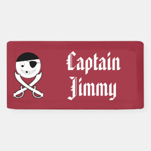 Friendly Smiling Pirate with Crossed Swords on Red Banner